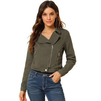 Allegra K Women's Notched Collar Zip Closure Biker Motocycle Denim Jacket