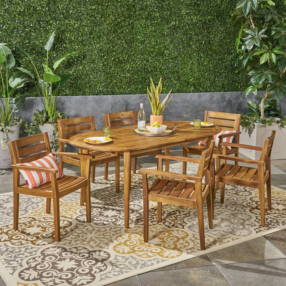 Photos - Garden Furniture Midvale 7pc Acacia Wood Dining Set - Teak - Christopher Knight Home