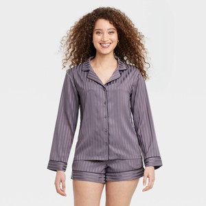 Women's Luxury Collection Shadow Striped Satin Notch Collar Top and Shorts Pajama Set - Auden™ - 1 of 4