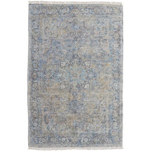Gray Blue and Tan Abstract Hand Woven Distressed Area Rug With Fringe - 1 of 4