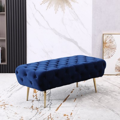 Sira Blue Velvet Button Tufted Bench with Gold Metal Legs