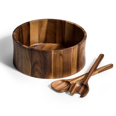 Kalmar Home 12-Inch Acacia Wood Curved Extra Large Salad Bowl with Servers 