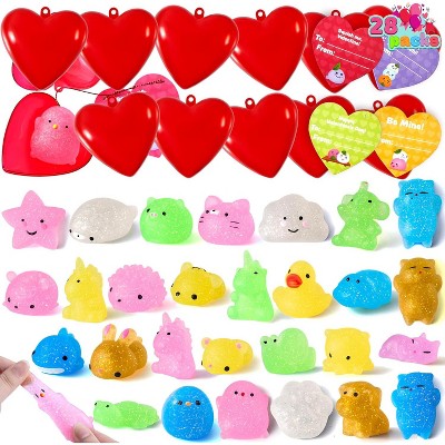 Joyfy 28 Packs Mochi Squishy Toys with Cards and Glitter Hearts | Kawaii Valentine's Gift Exchange Supplies