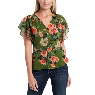 Vince Camuto Womens Floral Print Flutter Sleeve Peplum Blouse
