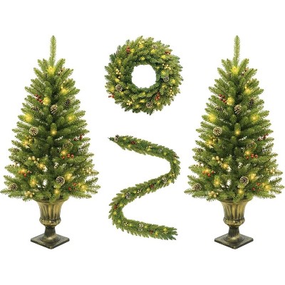 4Pcs Prelit Holiday Christmas Decoration Set,2Pcs 4Ft Prelit Artificial Trees with Lights