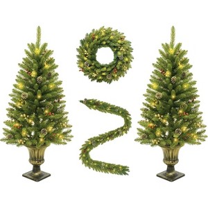 4Pcs Prelit Holiday Christmas Decoration Set,2Pcs 4Ft Prelit Artificial Trees with Lights - 1 of 4
