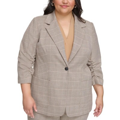 Calvin Klein Womens Ruched Sleeve Glen Check One Button Blazer Jacket