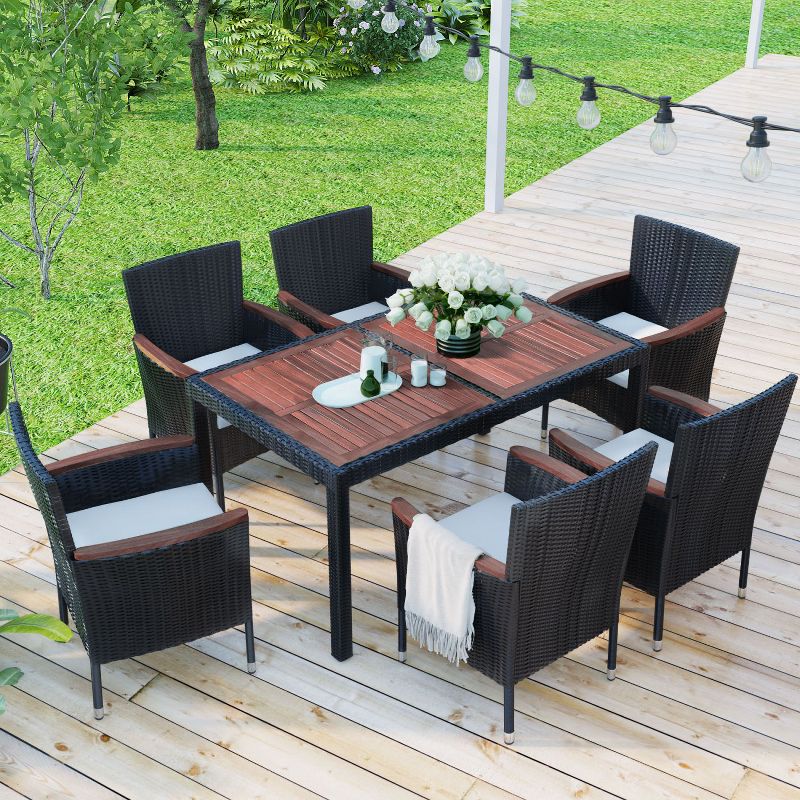7-Piece Outdoor Patio Dining Set, Garden PE Rattan Wicker Dining Table and Chairs Set, Acacia Wood Tabletop, Stackable Armrest Chairs with Cushions, 2 of 10