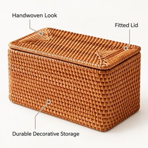 Brown Woven Rattan Storage Basket with Lid, Decorative Organizer for ...