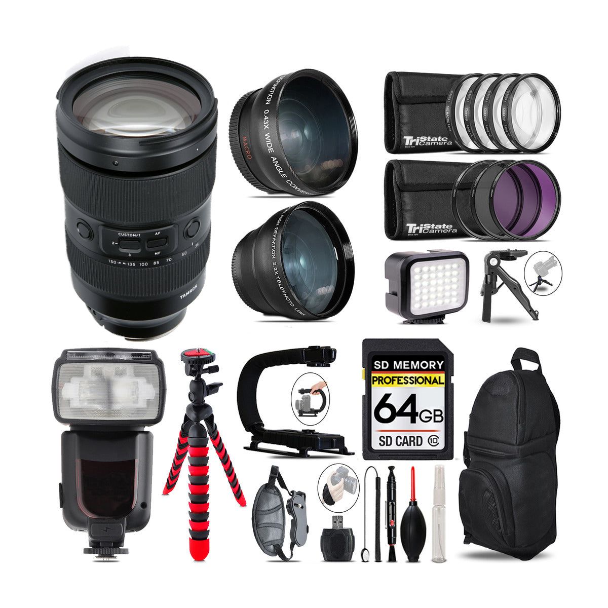 Tamron 35-150mm f/2-2.8 Di III VXD Lens for Sony E + LED Light +Tripod -64GB Kit