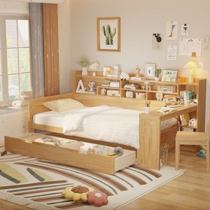 Sapphtopaz Wooden Daybed with Storage Shelves 2-Drawers Storage Study Desk Multi-functional Bedroom Furniture - 1 of 4