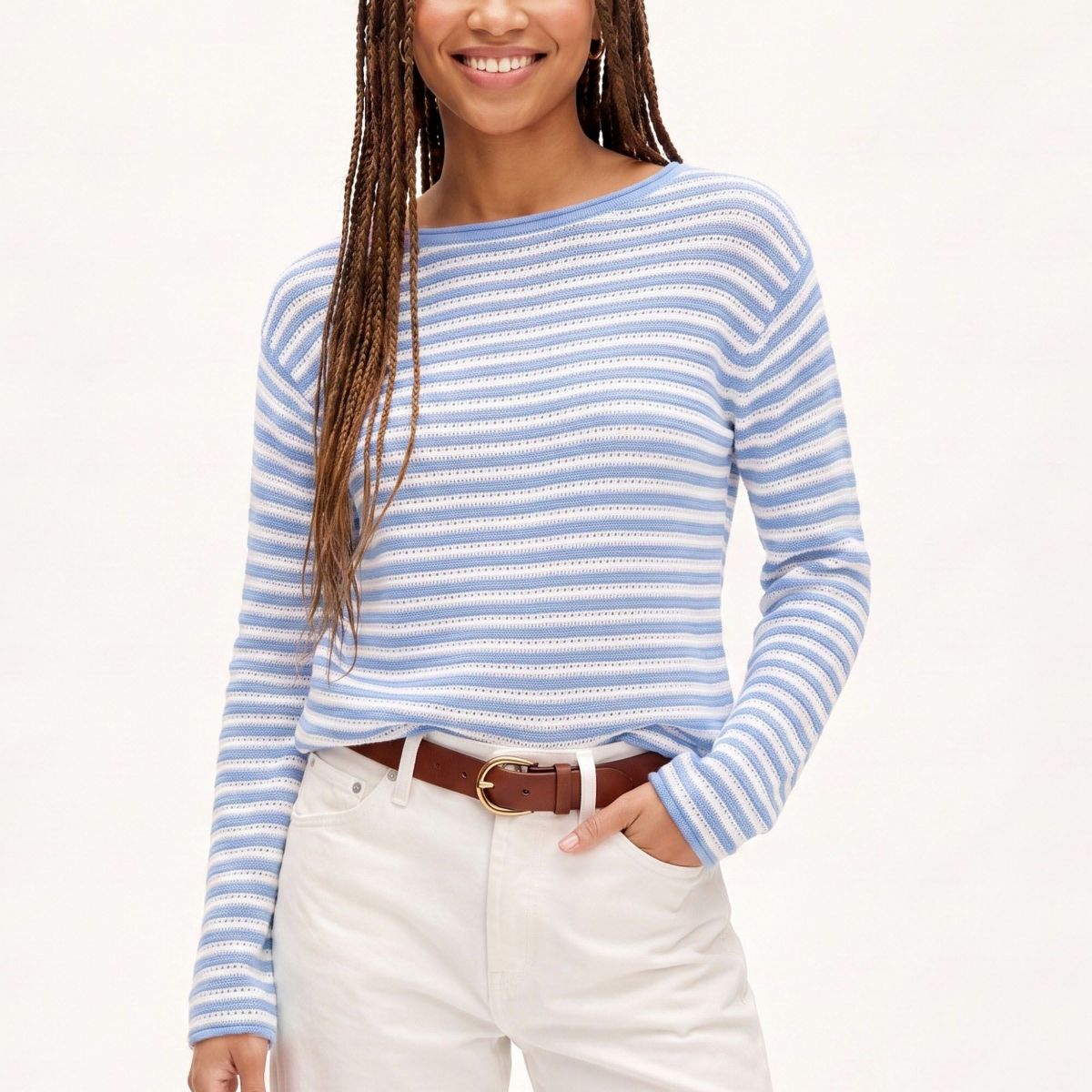 Anna-Kaci Women's Striped Pointelle Knit Boat Neck Long Sleeve Sweater
