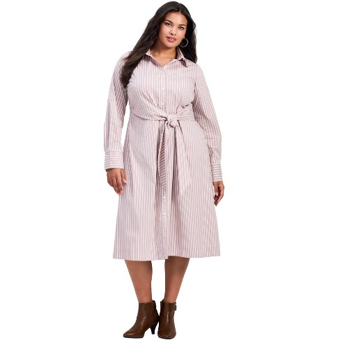 Avenue Women s Plus Size Bethany Cotton Poplin Tie Front Shirtdress 22 24 Caramel