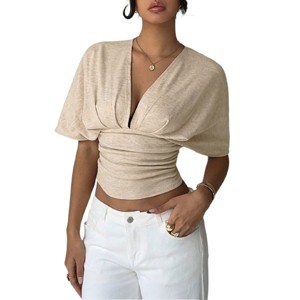 Women's Cropped V-Neck Twist Knot T-Shirt Loose Fit, Short Sleeve