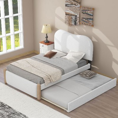 CAVINAS Full Size Bed Frame, Upholstered Platform Bed with Wood Supporting Feet, Bed Frame with Headboards and Trundle
