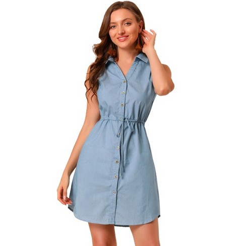 Fit and Flare Mini Shirt Dress - Light Chambray