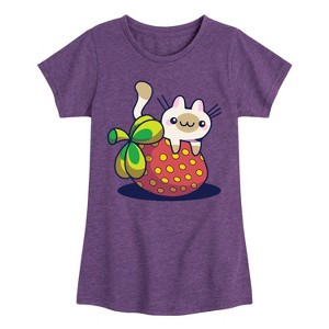 Girls' - Instant Message - Kawaii Cat with Strawberry Fitted Short Sleeve Graphic T-Shirt - 1 of 4