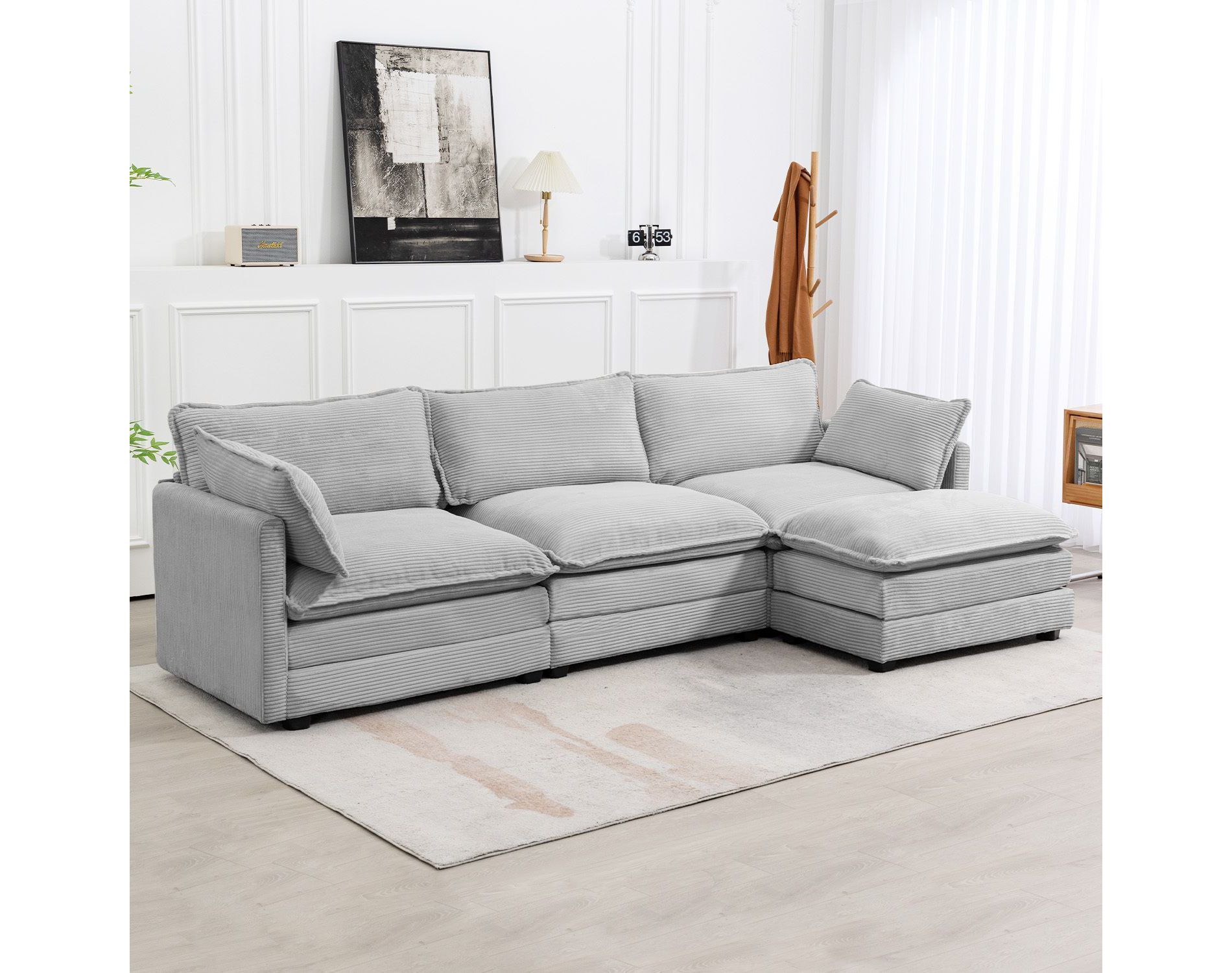Hyleory 112 in. W 4-Piece Modern Corduroy Fabric Sectional Sofa with Ottoman in Gray