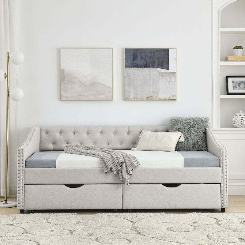 Twin/Full Size Daybed, Upholstered Tufted Sofa Bed with Drawers-ModernLuxe, 2 of 14