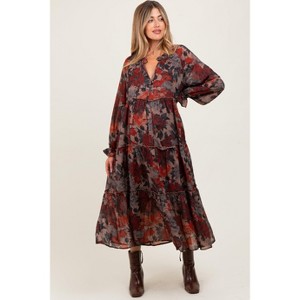 Pinkblush Beige Floral Chiffon Ruffle Tiered Maternity Midi Dress - 1 of 3