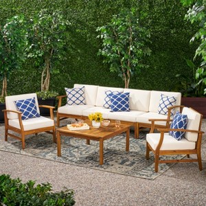 GDFStudio Abena Outdoor Acacia Wood 6 Seater Sofa and Club Chair Set with Cushions - 1 of 4