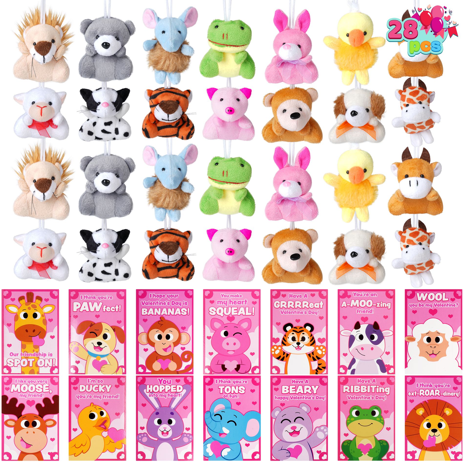 Joyfy 28PCS Valentine's Day Gift Cards Plush Bear Animals Stuffed Toys for Kids, Mini Animal Plush Toys for Valentines Exchange