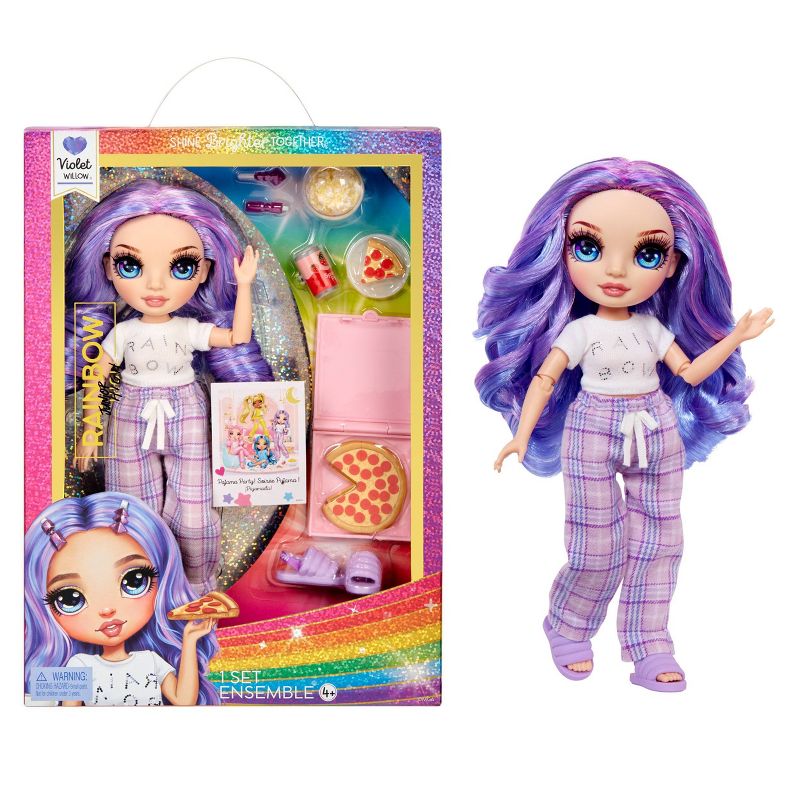 Rainbow High Jr High PJ Party Violet Purple 9&#39;&#39; Posable Doll with Soft One Piece Pajama, Slippers, Play Accessories, 1 of 11