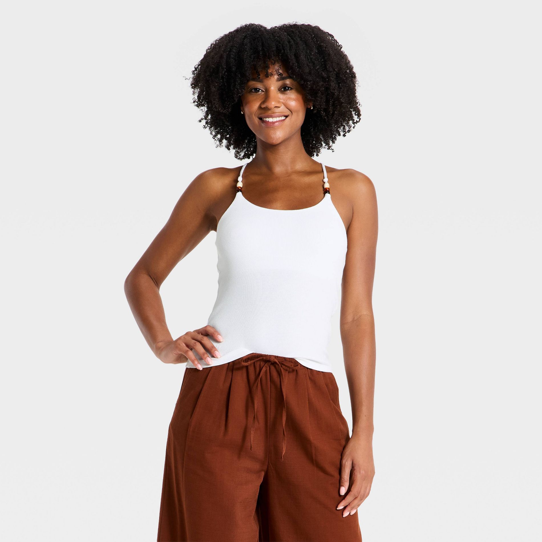 Women's Beaded Ribbed Tank Top - A New Day™ White M