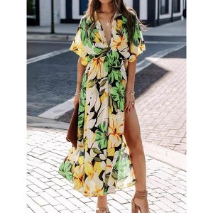 Coolmee Women's Boho Floral Print Dress V Neck Beach Party Flowy Ruffle  Wedding Guest Midi Dress - 1 of 3