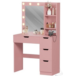 Modern Vanity Makeup Desk with Vanity Mirror, Built-in Lights, 4 Drawers, Crystal Ball Knobs, Power Outlet, White Makeup Desk for Bedroom - 1 of 4