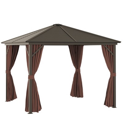 Outsunny Patio Gazebo 10' x 10', Netting & Curtains, Steel Slat Rain Canopy, Hardtop Roof, Hanging Hooks, Rust Resistant Aluminum Frame for Outdoor, Gardens, Lawns - Coffee Brown