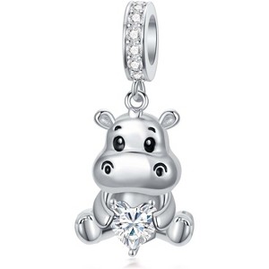 Sterling Silver Hippo Charm with 12 Birthstones - Animal Bead for Bracelets, Gift for Hippo Lovers - 1 of 4