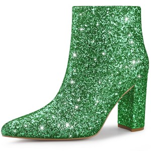 Perphy Women's Glitter Sparkly Pointed Toe Zipper Chunky Heels Ankle Boots - 1 of 4