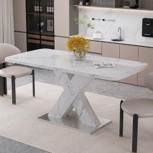 Gulches Modern Stretchable Rectangle Dining Table Printed White Marble MDF Top X Shape Legs Metal Base 220 LBS Load Bearing - 1 of 4