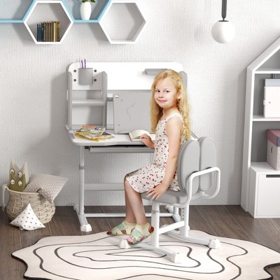Gray Adjustable Height Kids Desk and Chair Set with Drawer and Cup Holder