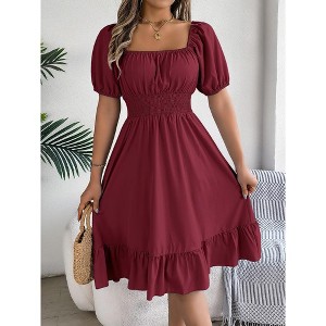 Women's Square Neck Puff Short Sleeve Smocked Waist Ruffle Hem Midi ...
