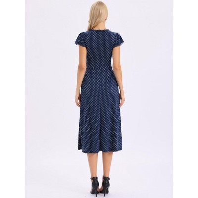 Женские платья INSPIRE CHIC Women's Summer Polka Dot Cap Sleeve V Neck Lace Trim Decor Casual Midi Dresses Medium Navy Blue — фото 3