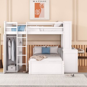 NicBex Full over Twin Bunk Bed Loft Bed with Desk Pine Bed Frame with Shelves, Drawers, Wardrobe, Ladder and Guardrail, No Box Spring Required - 1 of 4