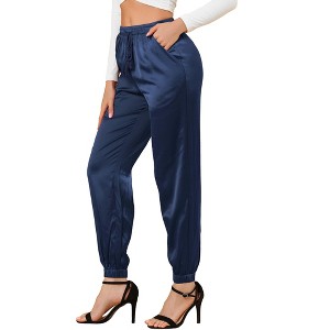 INSPIRE CHIC Women's Drawstring Elastic Waist Ankle Length Satin Joggers Pants with Pocket - 1 of 4