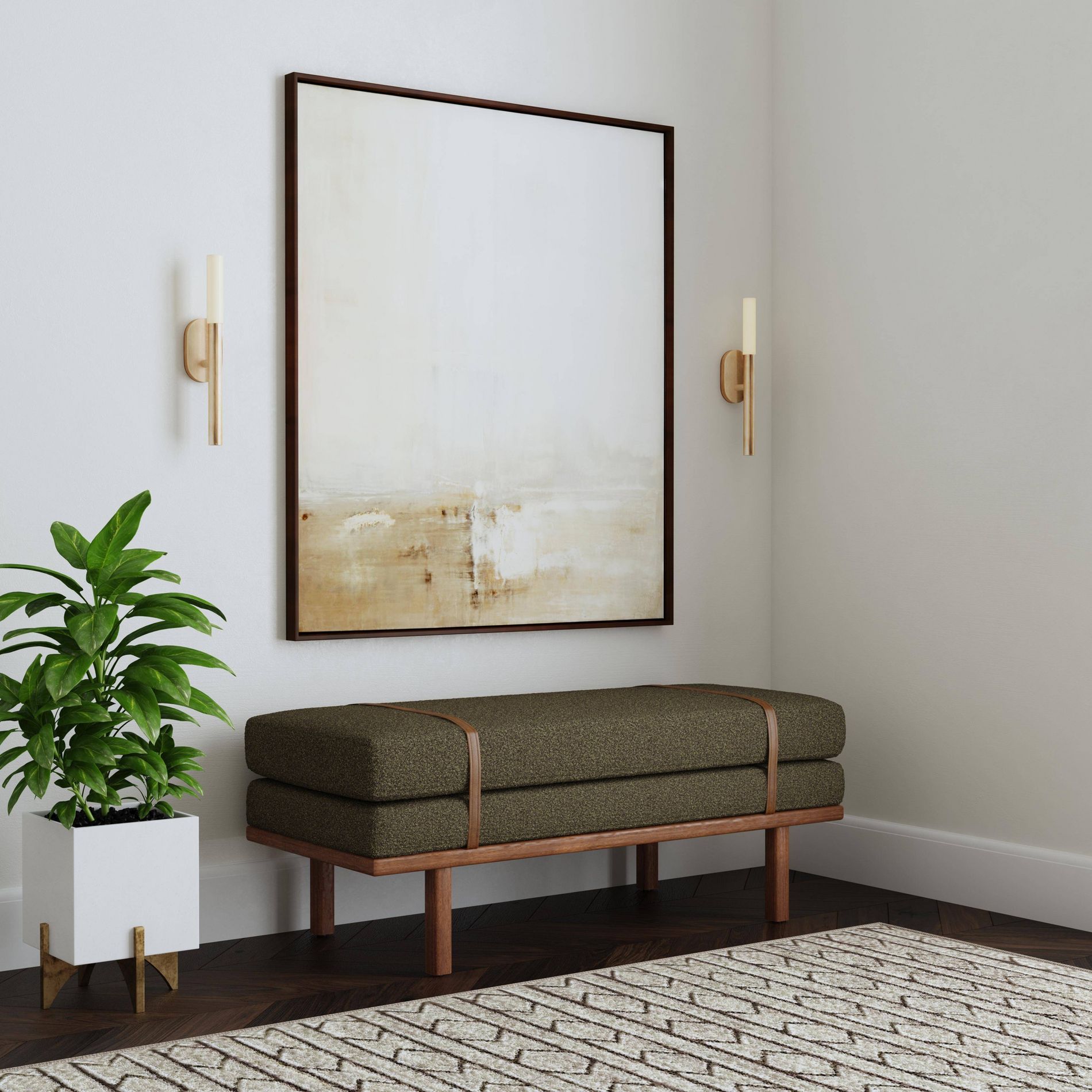 HomePop Upholstered Boucle Bench with Wood Base Brown: Mid-Tone Walnut Finish, Faux Leather Detail, Versatile Use