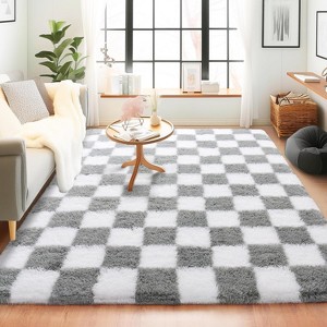 5x7 Feet Checkered Area Rugs For Living Room, Black Modern Super Soft Fluffy Rugs for Bedroom Home Aesthetic Decor - 1 of 4