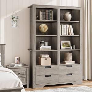Bookshelf with Drawers, Farmhouse Tier Double Wide Bookshelves and Bookcases with Storage, Freestanding Bookshelf Large Open Book Shelf - 1 of 4