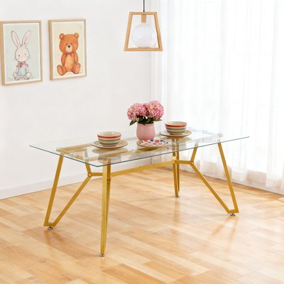 Homy Casa Rectangular Glass Top Table with Gold Metal Frame– Modern Glam Dining or Office Desk