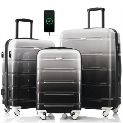 BEAFUP Luggage Set of 3, 20-inch with USB Port, Carry-on Luggage with Cup Holder, ABS+PC Hard Shell Luggage with Spinner Wheels, Black