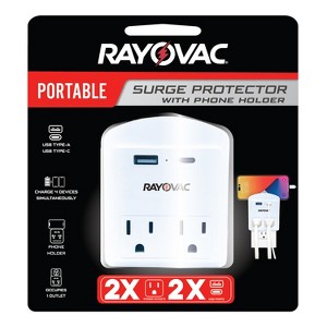 RAYOVAC® Portable Surge Protector Wall Tap with Phone Holder, AC Outlets and 2 USB Ports (2 Outlet) in White - 1 of 4