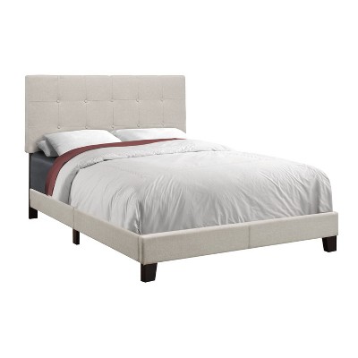 Monarch Specialties Bed Full Size Platform Bedroom Frame Upholstered Linen Look Wood Legs Beige Black Transitional