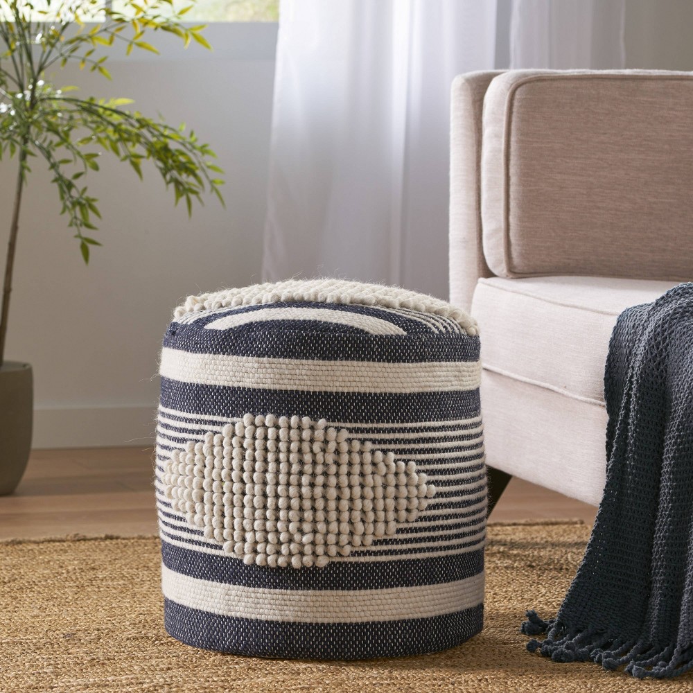 Photos - Pouffe / Bench Lucknow Boho Handcrafted Fabric Cylinder Pouf White/Denim Blue - Christoph