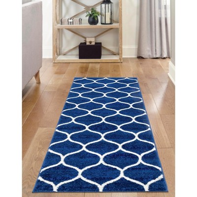 Navy Blue and Ivory Synthetic Trellis Runner Rug