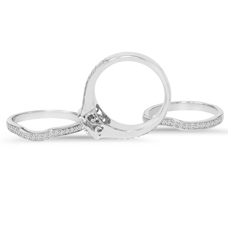 Pompeii3 1ct TDW Cushion Halo Diamond Trio Engagement Guard Wedding Ring Set Gold, 2 of 6