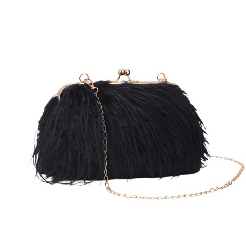 INSPIRE CHIC Clutch Purse for Women Fluffy Feather Crossbody Pearl Handbag with Chain 11*2.8*5.1 inches Light khaki